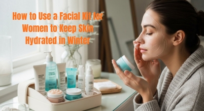 Facial kit for women to keep skin hydrated in winter, showing a woman applying moisturizer with skincare products.